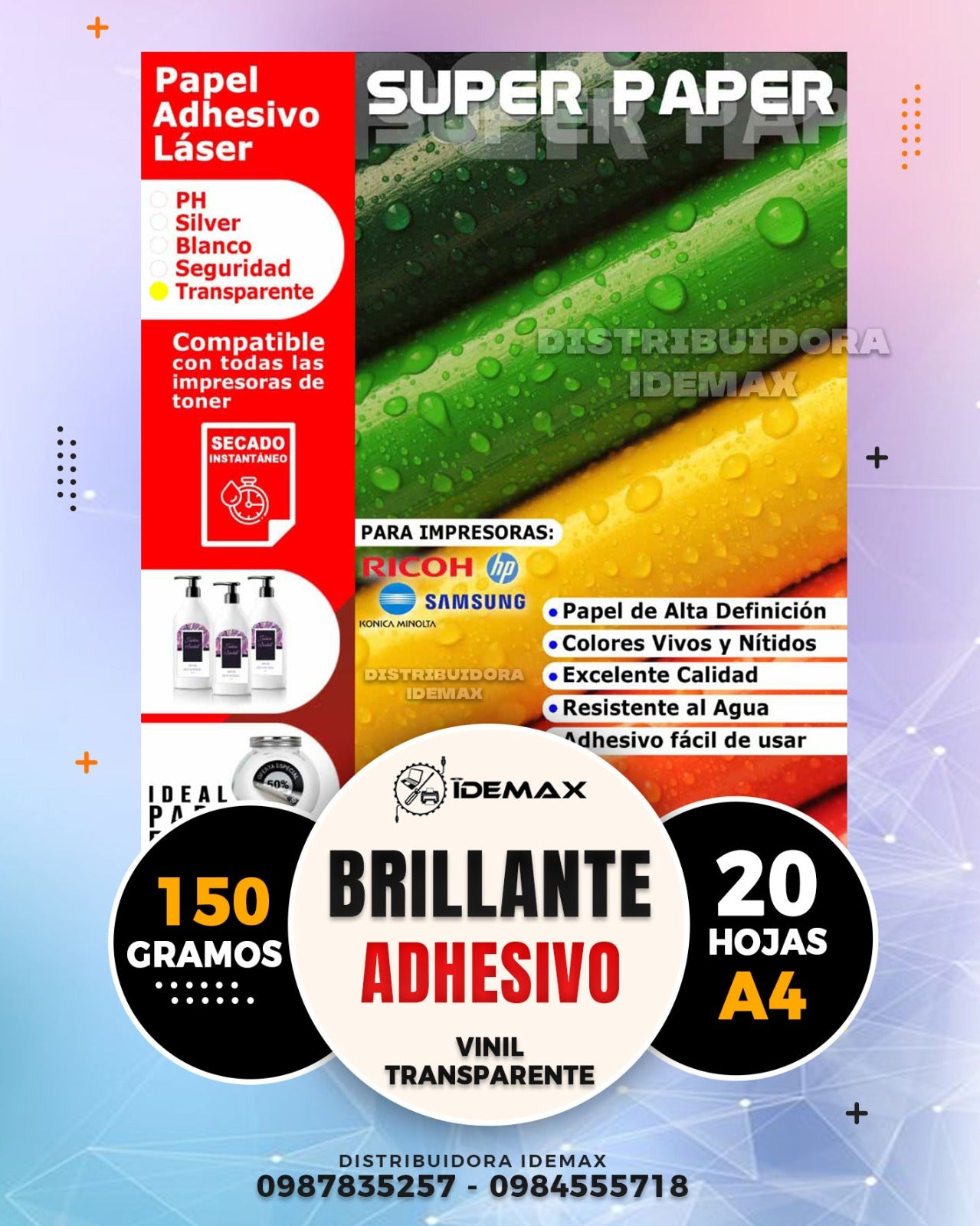 Papel Adhesivo Brillante POLIPROPILENO Transparente Superpaper A4 20 Hojas Láser con Tóner